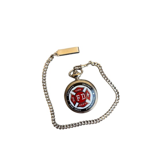 Firefighter Pocket Watch‎ Red FD Emblem Quartz Chain Gift for Fire Dept Hero - Picture 1 of 7